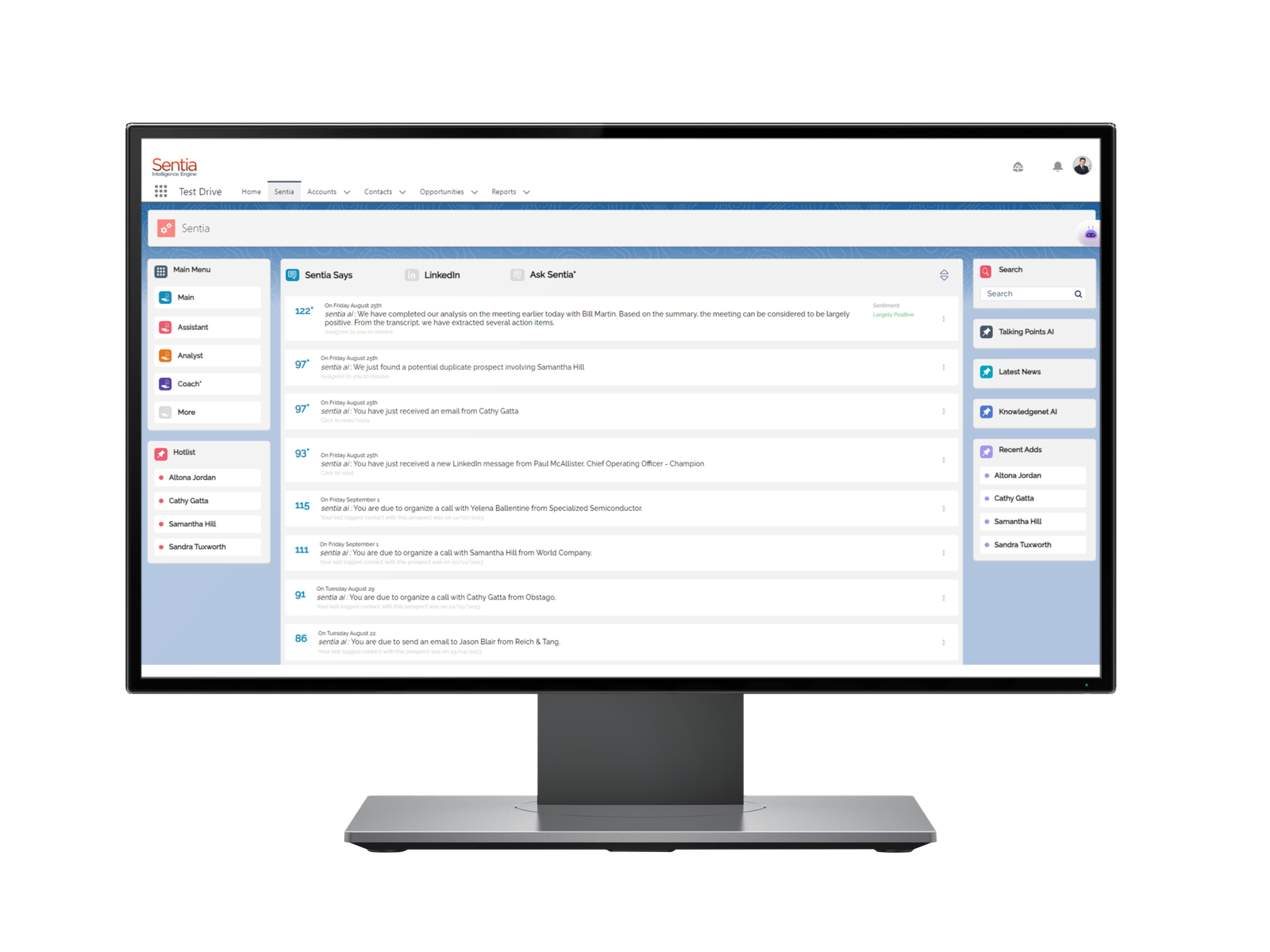 Sentia AI cards shown on a desktop monitor
